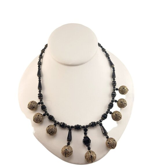 Czech Glass Bead and Sterling Silver Black Necklace Marcasite Mid Century - Picture 5 of 9